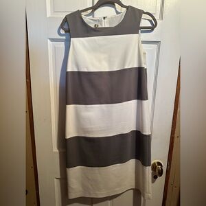 Anne Klein Taupe and White Striped Sleeveless Sheath Dress